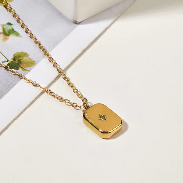 Gold Rectangle Pendant Necklace with Starburst Detail