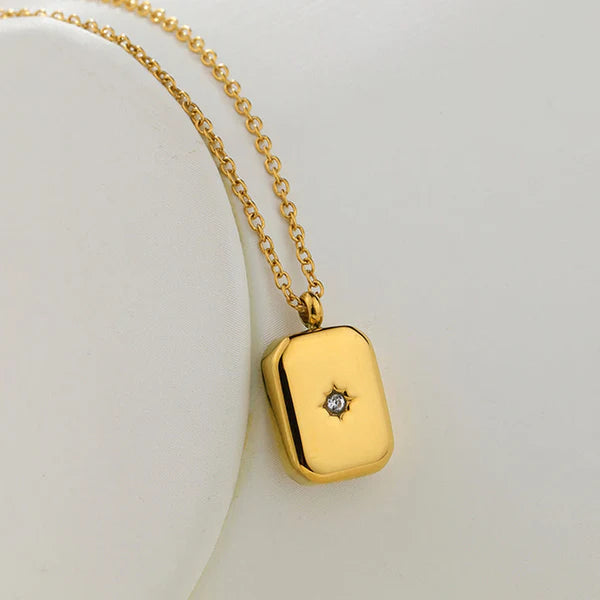 Gold Rectangle Pendant Necklace with Starburst Detail