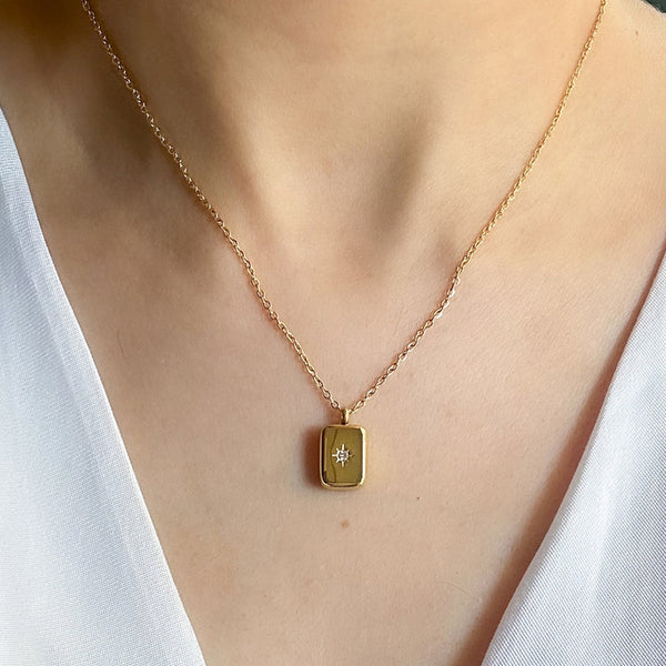 Gold Rectangle Pendant Necklace with Starburst Detail