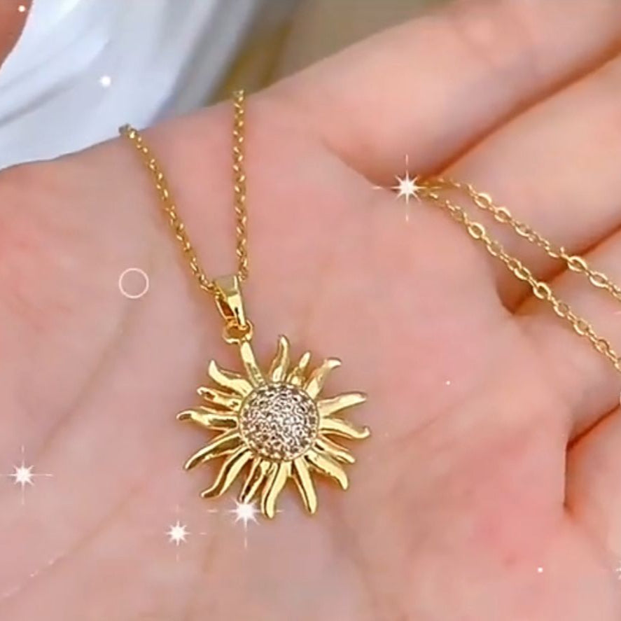 Radiant Sunburst Gold Pendant Necklace with Crystal Accents