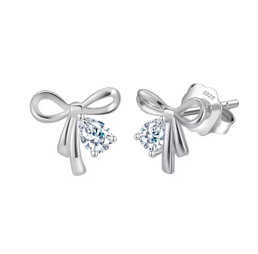 Golden Grace Bow Stud Earrings - Rhodium Plated