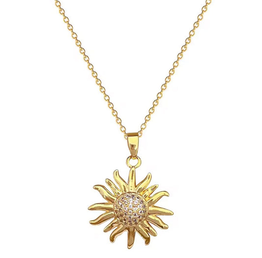 Radiant Sunburst Gold Pendant Necklace with Crystal Accents